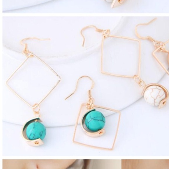 Turquoise Ball Inlaid Dangling Square Earrings - Picture 3 of 5